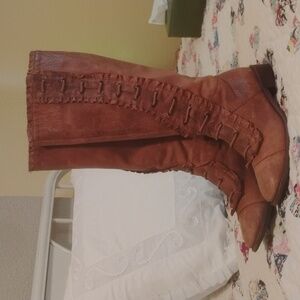 Brown Leather Women's Lace-Front Knee Boots